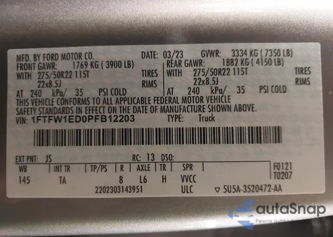 2023 Ford F-150 Limited from USA, damaged, VIN 1FTFW1ED0PFB12203